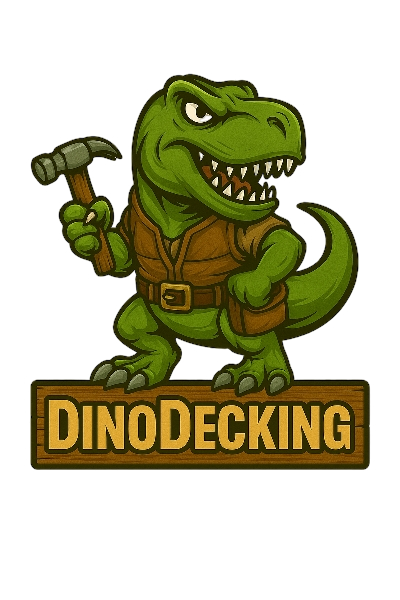 Dino Decking Mascot - friendly green dinosaur with construction helmet