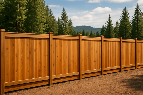 Beautiful cedar privacy fence with decorative post caps in natural mountain setting